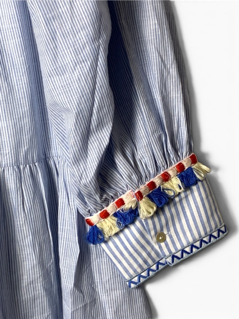 Tuckernuck Jen Dress XL NWT Chambray Blue Stripe Fringe Tassel Cotton Tiered - Picture 12 of 16